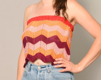 Size 6 8 | Chevron Pattern Orange Pink Handmade Tube Top | Hand Knit Purple Red Strapless Top | Boho Festival Handknit Crop Top