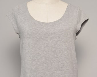 Talla 6 | Top peplum relajado minimalista | Top femenino suelto gris | Blusa básica elástica de manga corta Escote redondo Elástico de gran tamaño Verano