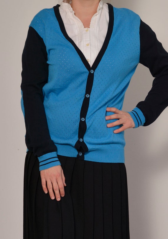 Perforated Blue Varsity Cardigan Black Trim Elbow P… Gem