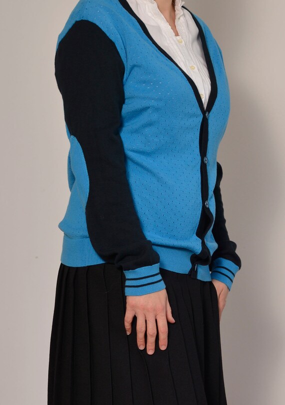 Perforated Blue Varsity Cardigan Black Trim Elbow P… Gem