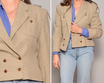 Taille 8 | Veste Beige Laine Vintage Safari Blazer Col Épaulette Rembourré Pin up Bouton Poche Manches Longues Rayé Texturé