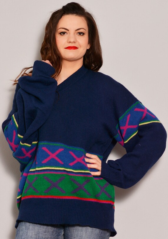 Size L XL | Stylish Baggy Retro Blue Sweater | St… - image 5