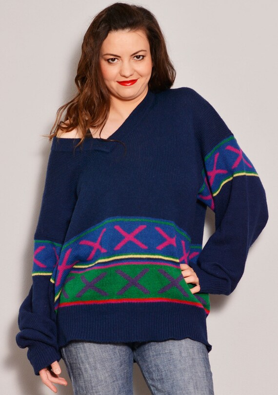 Size L XL | Stylish Baggy Retro Blue Sweater | St… - image 8
