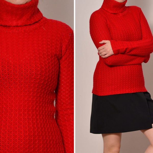 Size 6 - 8 | Leaf Branch Pattern Red Turtleneck Sweater | 1960s Mod Minimalist Textured Sweater | 60s Vintage Elastic Long Sleeve Hot Red