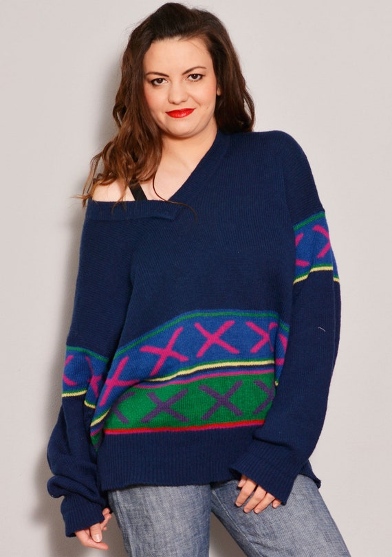 Size L XL | Stylish Baggy Retro Blue Sweater | St… - image 4
