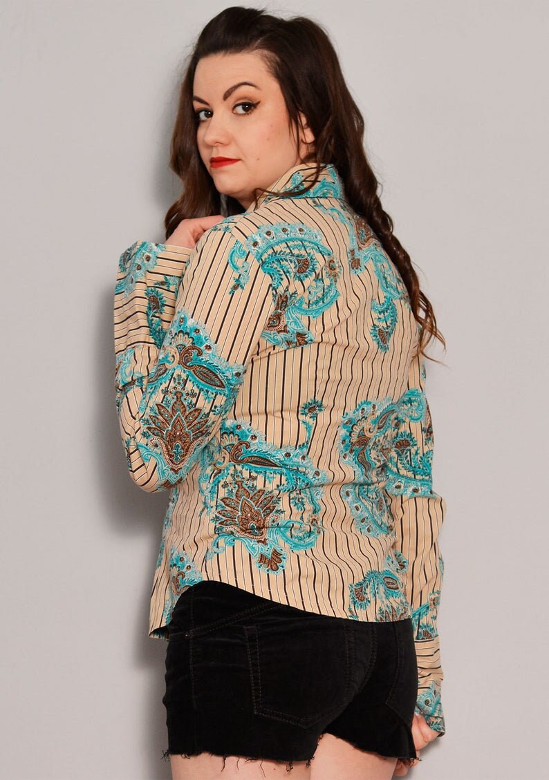 Turquoise Baroque Print Fitted Shirt Medium Floral Buttoned Blouse Bohemian Style Beige Formal Shirt Black Stripe Classic Shirt