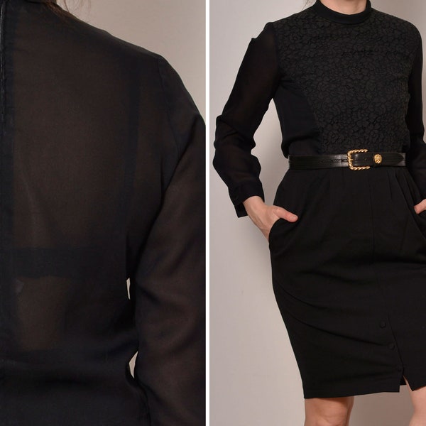 Size 6 8 | 1960s Vintage Black Lace Blouse | High Neckline Semi Sheer Party Blouse | Long Sleeve Floral Romantic 60s Evening Blouse