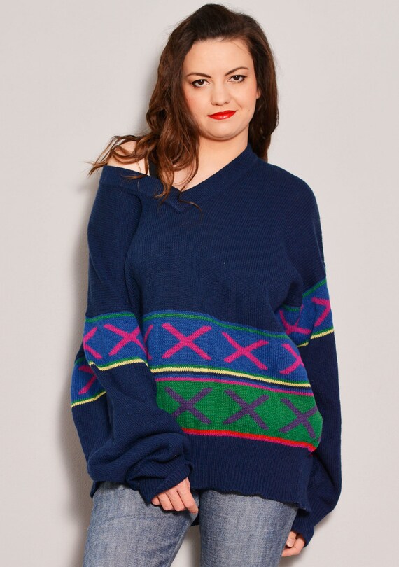 Size L XL | Stylish Baggy Retro Blue Sweater | St… - image 7