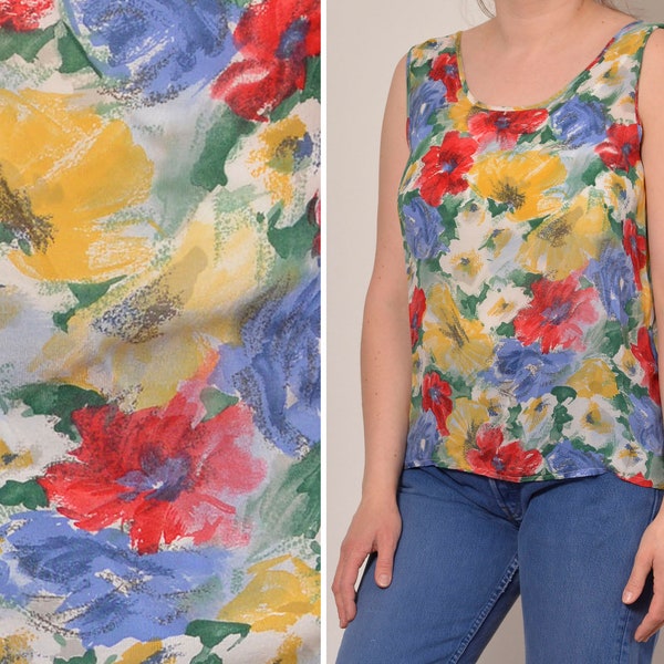 Size 12 | Red Blue Yellow 80s Tank Top with Painted Flowers Pattern | Size Extra Large XL