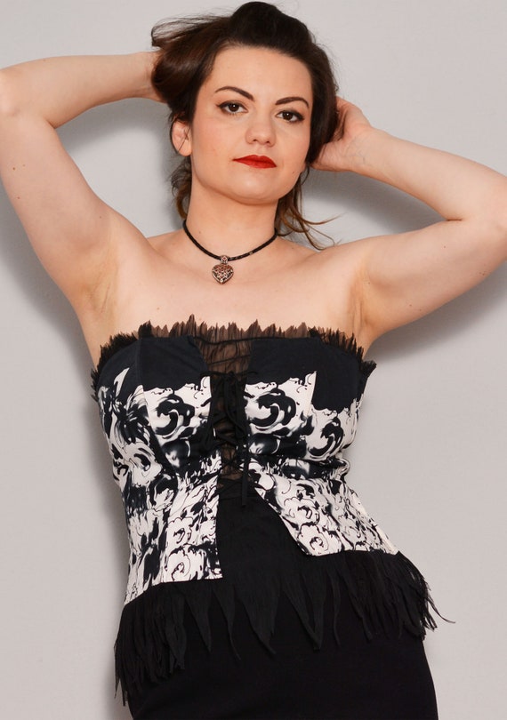 Size 8 | Feather Tulle Floral Bustier Top | Black… - image 4