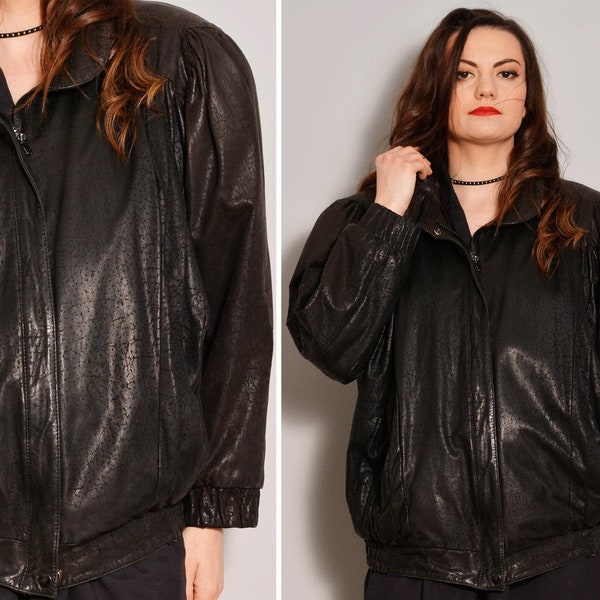 Size 10 | Marble Pattern Leather Jacket | 80s Black Leather Jacket | Dolman Sleeve Jacket | Pleated Leather Jacket | Relaxed Rocker Large