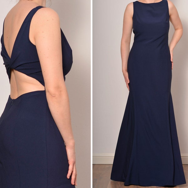 Size 8 | Twisted Open Back Dark Blue Bridesmaid Dress | Floor Length Trumpet Prom Dress | Boat Neck New Years Maxi Dress | Medium