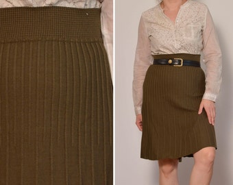 Size 10 12 | High Waisted Olive Green Knitwear Skirt | Striped Stretchy Brown A Line Skirt | Elastic Knee Length 90s Vintage Skirt
