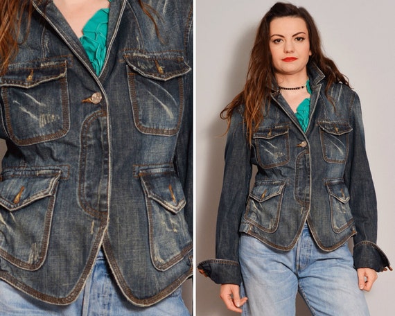 Distressed Denim Jacket | Jean Cargo Jacket | Blue