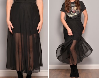 Size 8 to 10 | High Waist Chiffon Skirt | Black Sheer Statement Skirt | Asymmetric Evening Midi Skirt | Sexy Goth Style Outfit