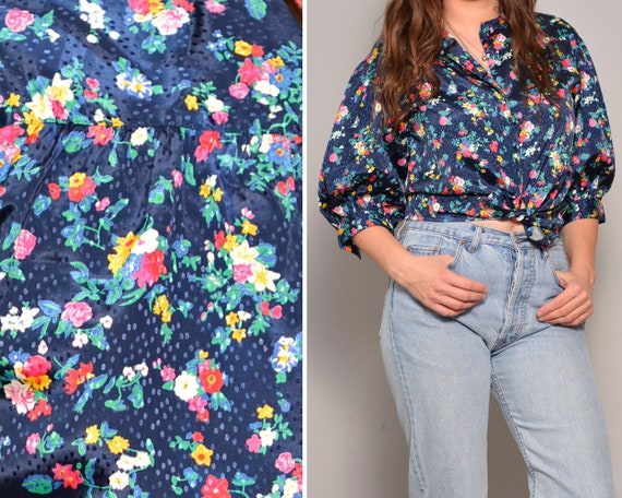 Blue Novelty Print 80s Blouse | Polka Dot Flower P