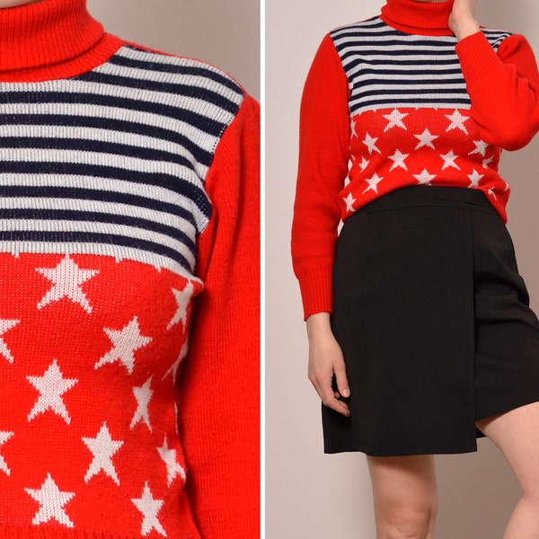 Size 8 to 10 | Stars and Stripes 70s Vintage Norway Sweater | Icelandic Wool Red White Turtleneck Sweater Stretchy High Neck Fitted Pullover