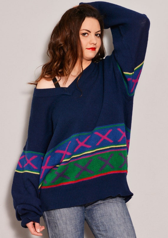 Size L XL | Stylish Baggy Retro Blue Sweater | St… - image 3