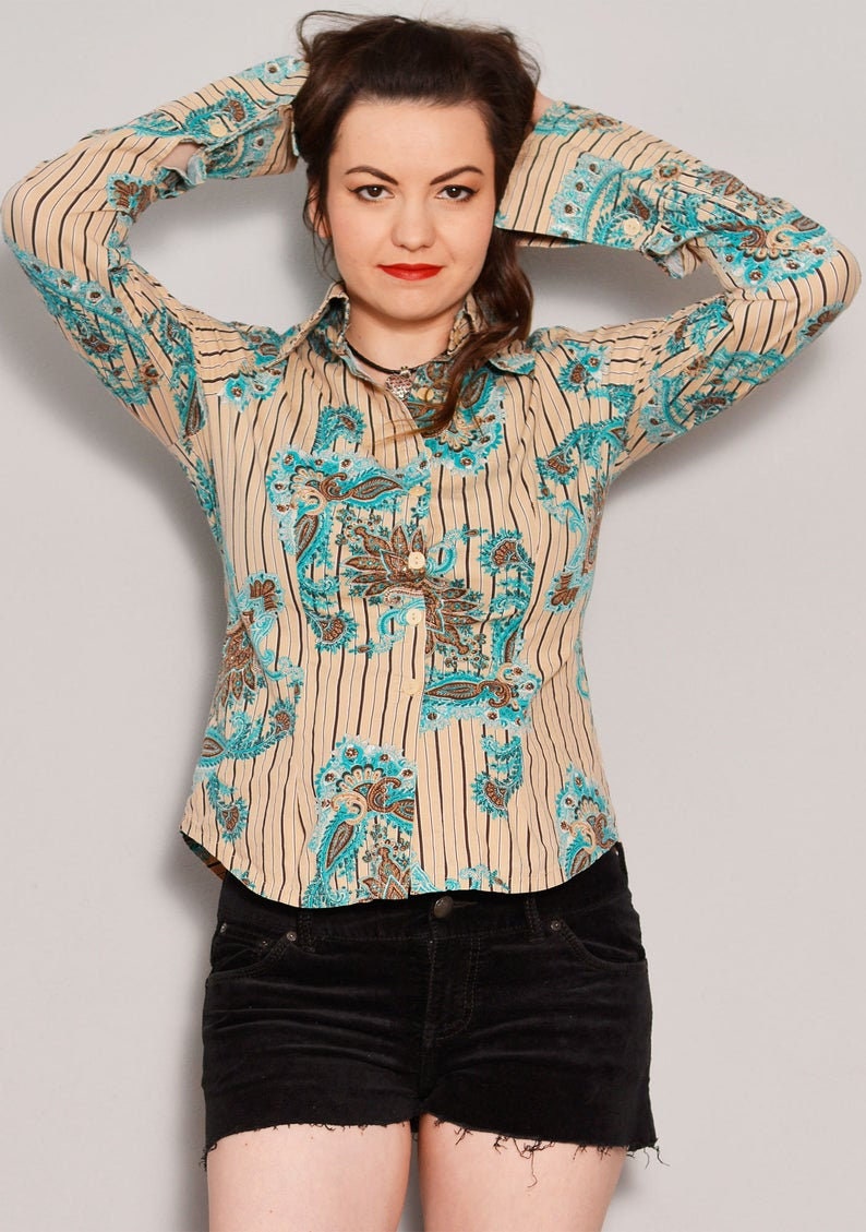 Turquoise Baroque Print Fitted Shirt Medium Floral Buttoned Blouse Bohemian Style Beige Formal Shirt Black Stripe Classic Shirt