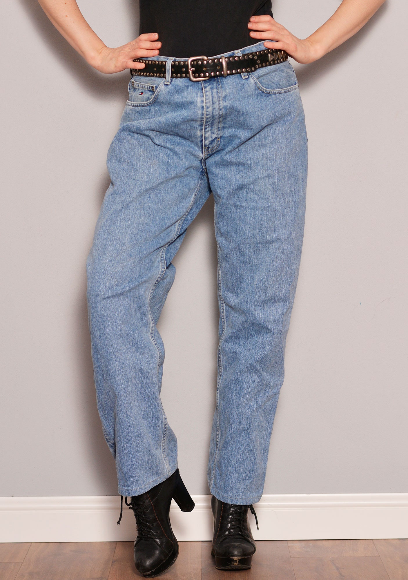 Size L W34L32 Medium Wash Boyfriend Jeans Short Legs Roomy Unisex Jeans