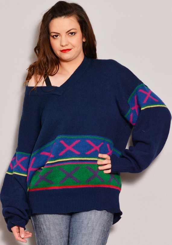 Size L XL | Stylish Baggy Retro Blue Sweater | St… - image 2