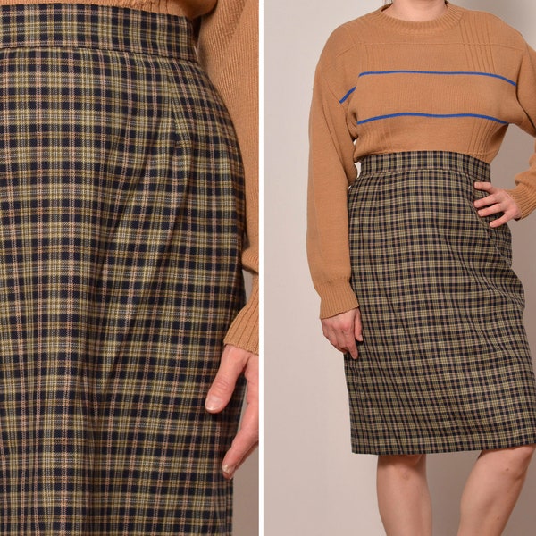 Size 12 | Plaid Pattern High Waisted Preppy Skirt | Wool Blend Black White Olive Green Skirt | Back Slit Short Tartan Skirt | 90s Sheath