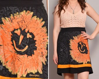 Size 6 8 | Sunny Positive Print Black and Orange Skirt | A-Line Colorblock Summer Skirt | Elastic Waist Spanish Radiant Skirt | Size S