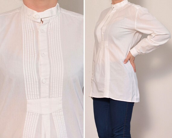 Talla 6 Camisa tipo tunica blanca con diseno de pinzas Blusa minimalista con botones estilo Trachten Camisa tipo tunica austriaca de manga larga con cuello mandarin Etsy Mexico