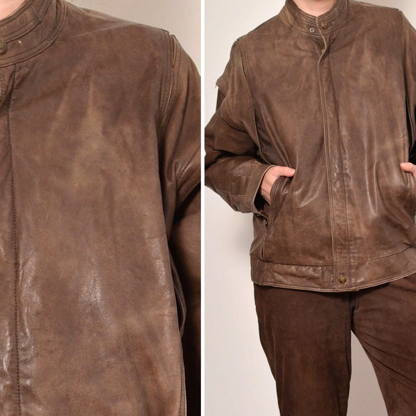 Size L | Brown Leather 80s Vintage Unisex Jacket | No Collar Hidden Pockets Rocker Mens Jacket | Zip Down Grunge Boyfriend Jacket | Large