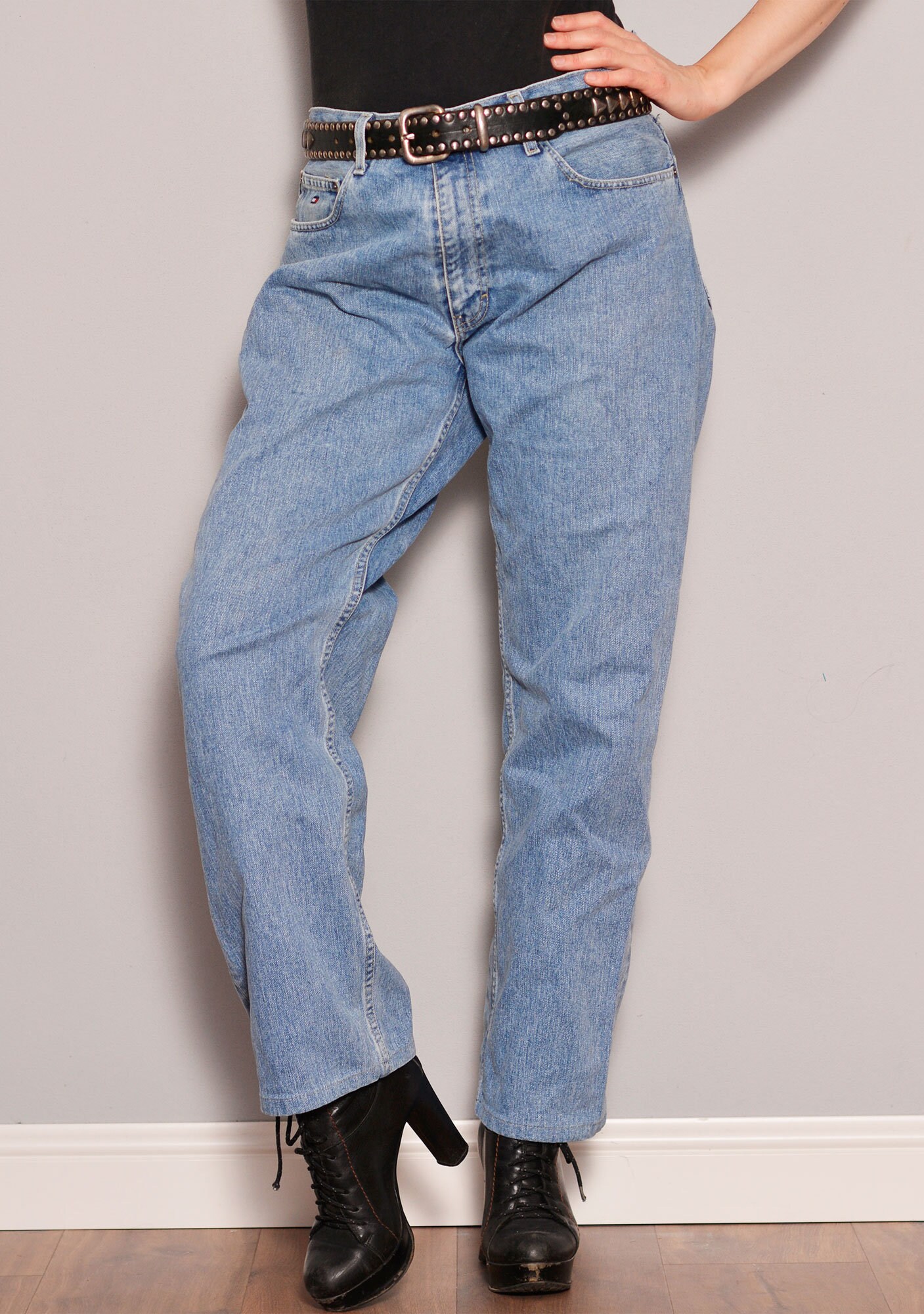 Size L W34L32 Medium Wash Boyfriend Jeans Short Legs Roomy Unisex Jeans