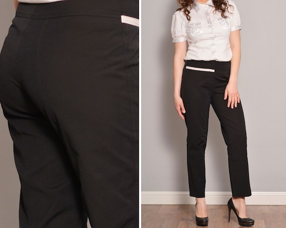 Size 8 White Stripe Black Formal Pants Mid Waist Elastic Cropped Slacks  Zipper Fly Fitted Office Pants Pocketless Classy Minimal M 