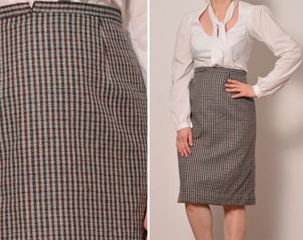 Size 12 | Green Red Plaid Retro Skirt | 90s Handmade Regular Waist High Slit Midi Skirt | Knee Length Wool Fabric Preppy Skirt | Tartan