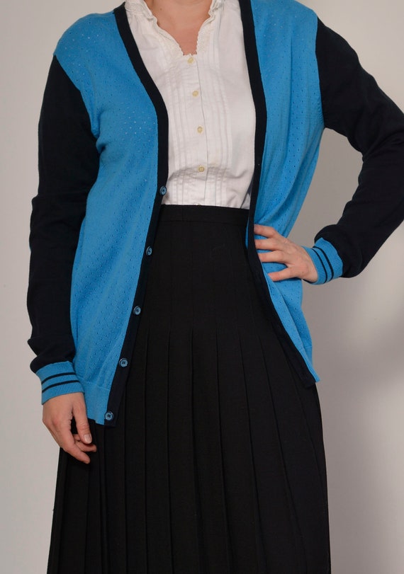 Perforated Blue Varsity Cardigan Black Trim Elbow P… Gem