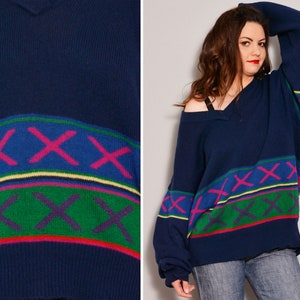 Size L XL Stylish Baggy Retro Blue Sweater Striped Oversized Knit Jumper Winter Warmth for Men & Women 80s Vintage Pullover image 1