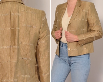 Taille 8 10 | Blazer Safari en lin beige doré | Veste minimaliste classique rayée naturelle | Col cranté Boho formel épaule rembourrée en lin