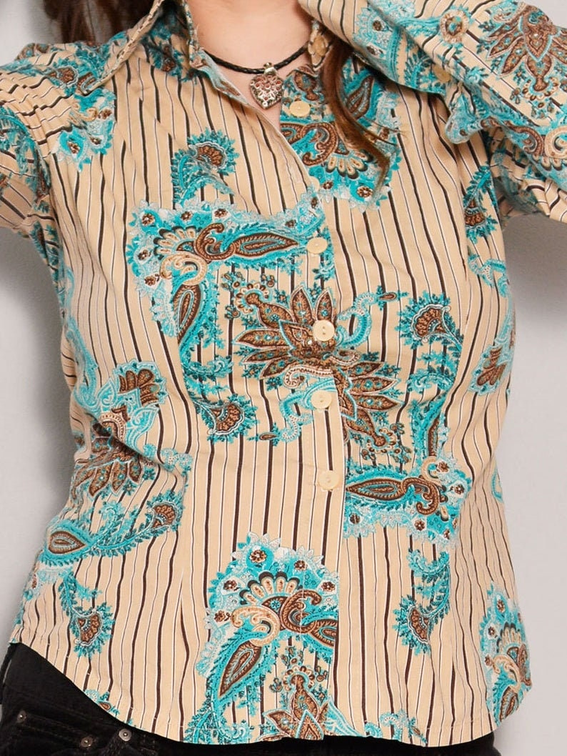 Turquoise Baroque Print Fitted Shirt Medium Floral Buttoned Blouse Bohemian Style Beige Formal Shirt Black Stripe Classic Shirt