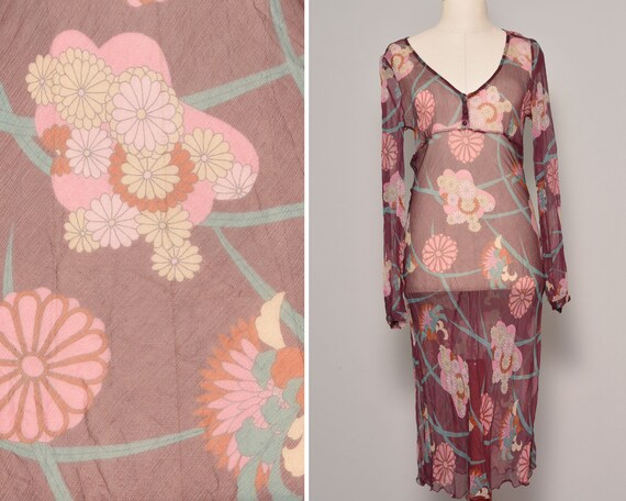 Sheer Purple Silk Boho Dress | Button Up Floral Lo