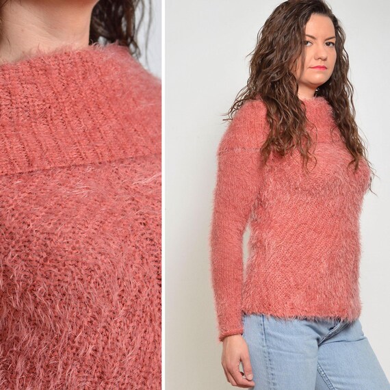 Size Us6 to 8 Fitted Pink Shaggy Sweater off Shoulder Boat Neck Cape Collar Acrylic Blend Fuzzy Coral Elastic Pullover 00s Vintage Etsy UK