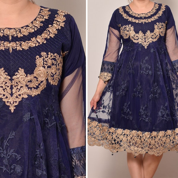 Size 6 | Gold Embroidery Elegant Navy Blue Indian Kaftan Dress | Sheer 3 4 Sleeves Floral Kaftan | Beaded Trim Crew Neck A Line Kaftan Small