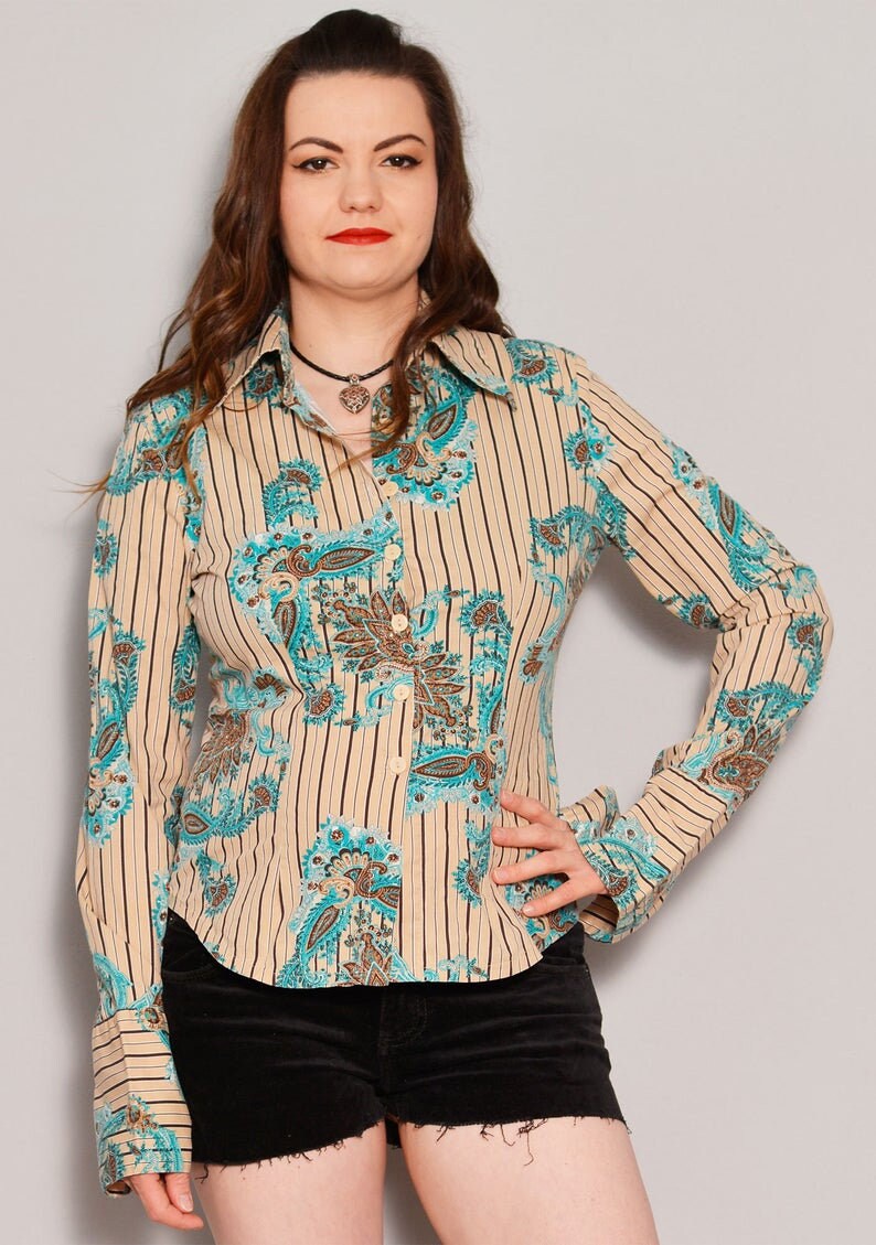 Turquoise Baroque Print Fitted Shirt Medium Floral Buttoned Blouse Bohemian Style Beige Formal Shirt Black Stripe Classic Shirt