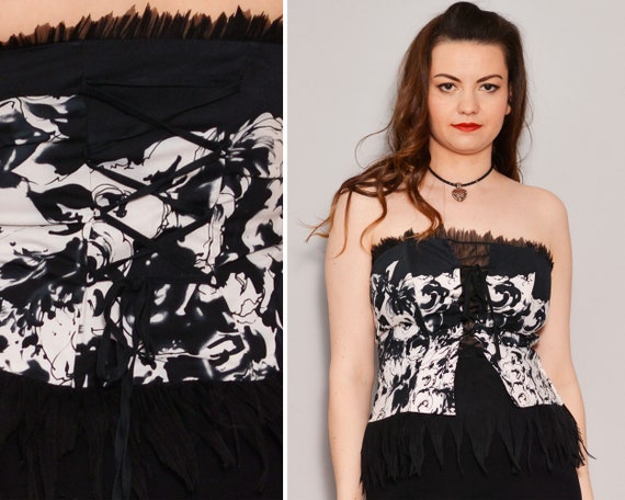 Size 8 | Feather Tulle Floral Bustier Top | Black… - image 2