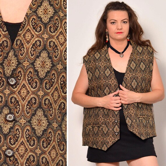 Gilet Jacquard Dore Taille gilet a motif royal gilet homme formel marron beige noir style boho annees 90 vintage elegant gilet de costume dos argente Etsy France