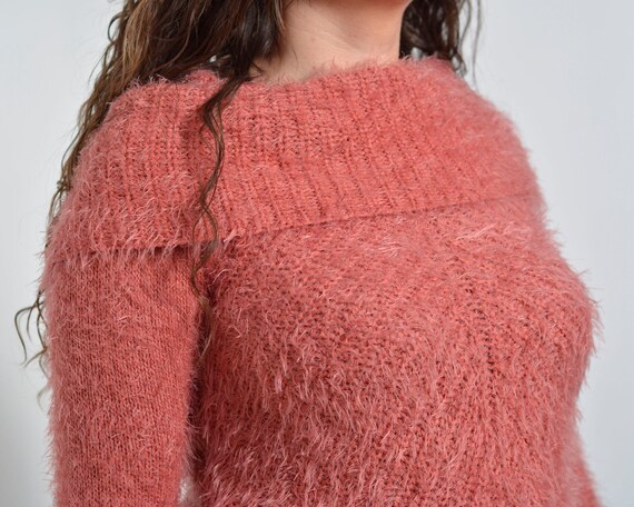Size Us6 to 8 Fitted Pink Shaggy Sweater off Shoulder Boat Neck Cape Collar Acrylic Blend Fuzzy Coral Elastic Pullover 00s Vintage Etsy UK