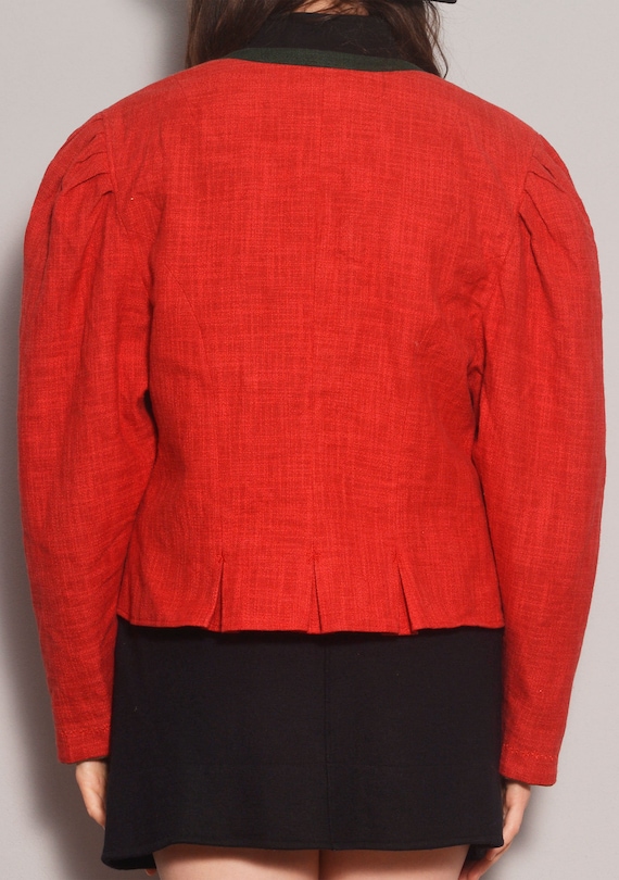 Size 12 to 16 | Red Bavarian Plus Size Pleated Blazer | Coin Buttons Trachten Linen Blend Jacket | Puff Sleeve Hook and Eye Made in Austria
