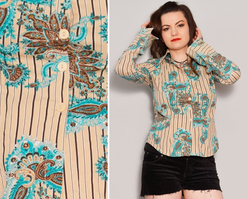 Turquoise Baroque Print Fitted Shirt Medium Floral Buttoned Blouse Bohemian Style Beige Formal Shirt Black Stripe Classic Shirt
