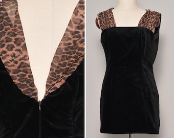 Size 4 | Draped Leopard Straps Black Dress | Sexy Velvet Mini Dress | Cheetah Pattern V Back Pencil Dress | Tight Extra Small 80s Vintage