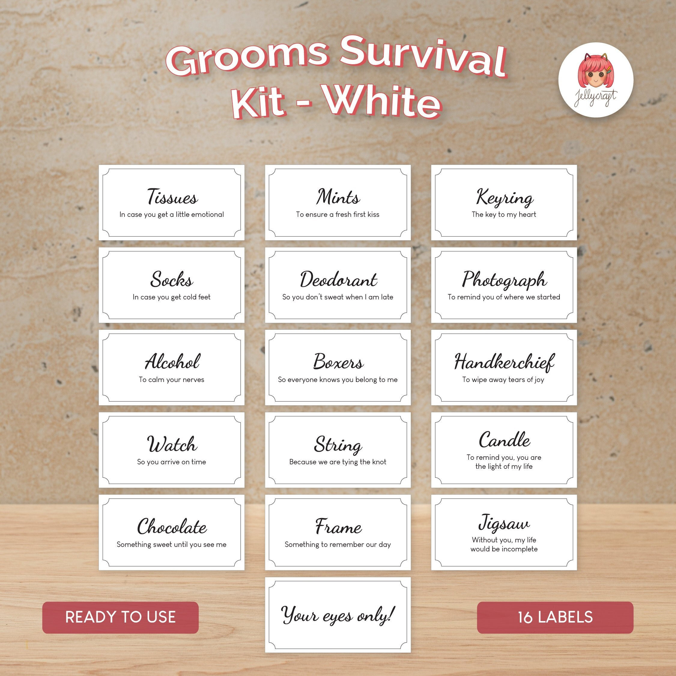 Survival kit items with labels and uses