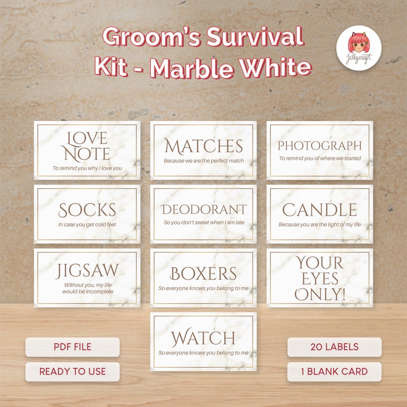 Personalized Groom Survival Kit Instant Download White Marble, Ready ...