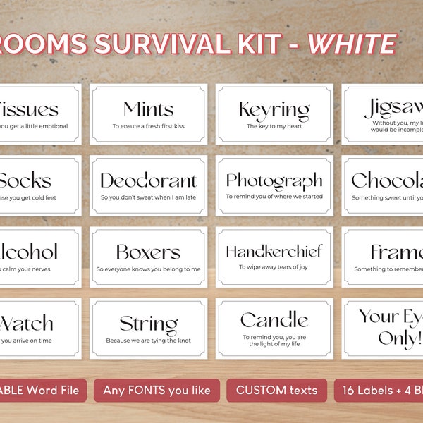 Personalized Editable Groom Survival Kit | Instant Download | White, Labels, Gifts, Tags, for Him, Grooms, Bride, Edit, Custom, Template