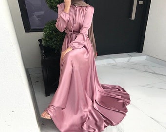 Luxury Satin dress Dubai Abaya style modest dress for women | High waist Satin Robe Arab Wedding dress,Kaftan maxi dress | Graduation dress